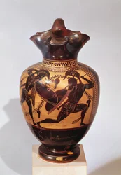 Schwarzfigurige Oinochoe, verziert mit Kriegern, ca. 530-520 v. Chr.